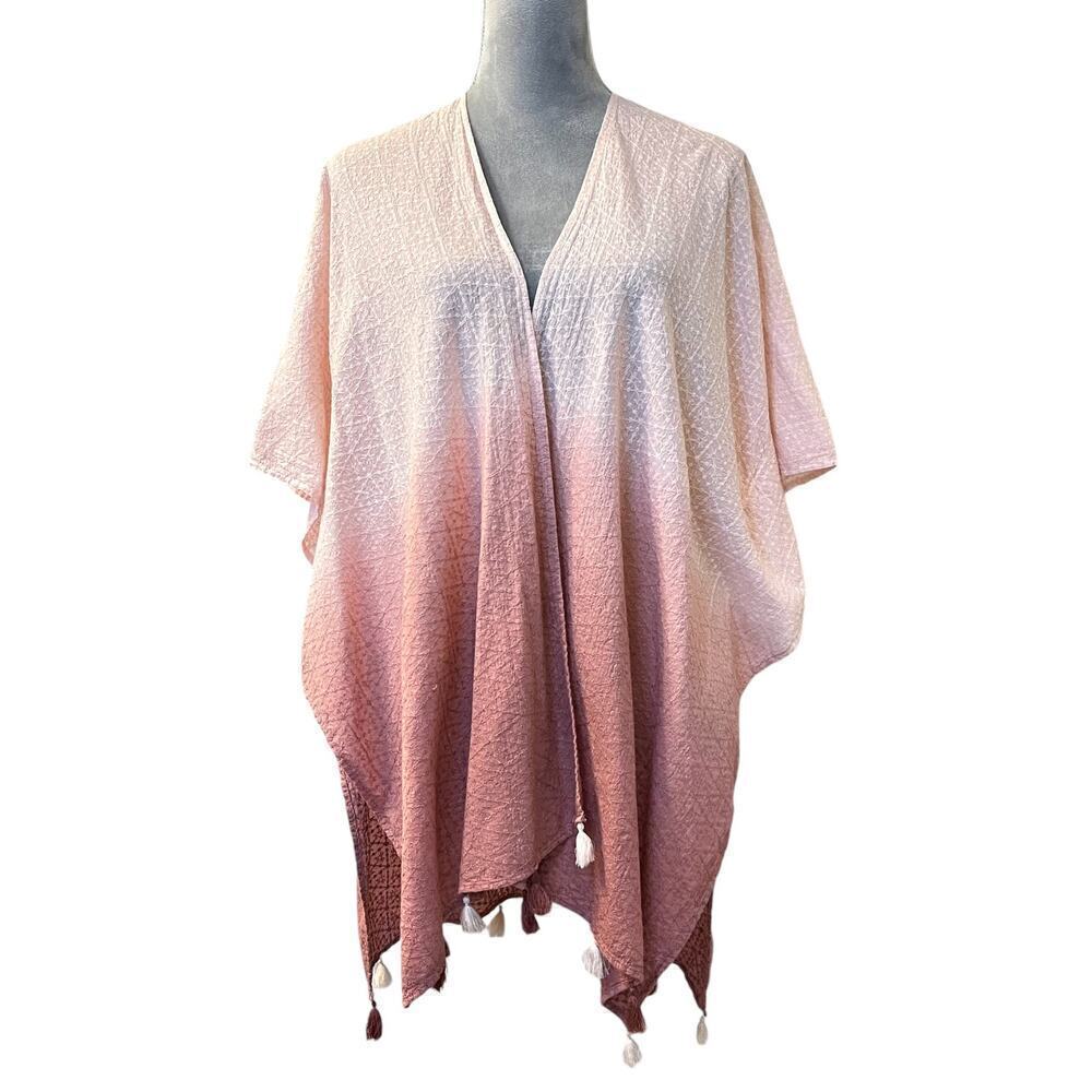 Cato Kimono Top Womens One Size Pink Bohemian Ombre Embroidered Tassel Detail
